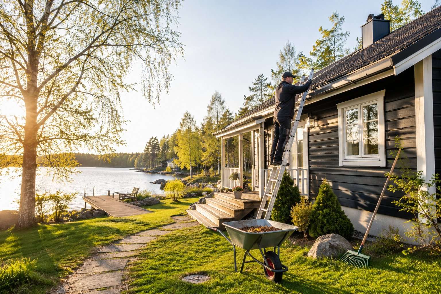 Henkilö tarkistaa mökin kattoa keväällä järven rannalla sijaitsevalla mökillä.