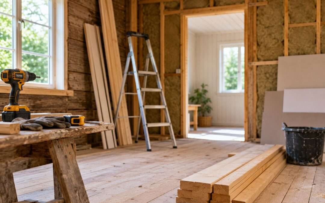 Pågående stugrenovering med synliga träkonstruktioner, byggmaterial och verktyg innan färdigställandet.