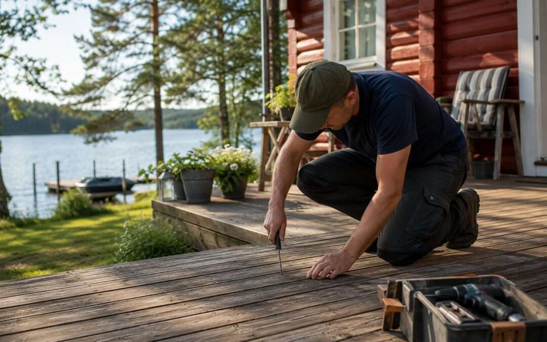 Person kontrollerar en träterrass vid en finländsk sommarstuga vid sjön.